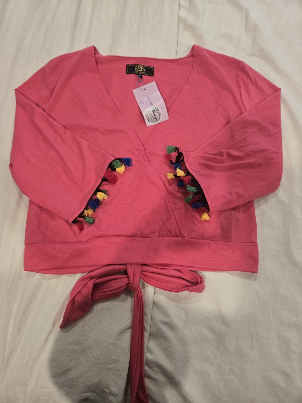 L&B Pink V-Neck Tie-Front Top with Colorful Tassel Trim